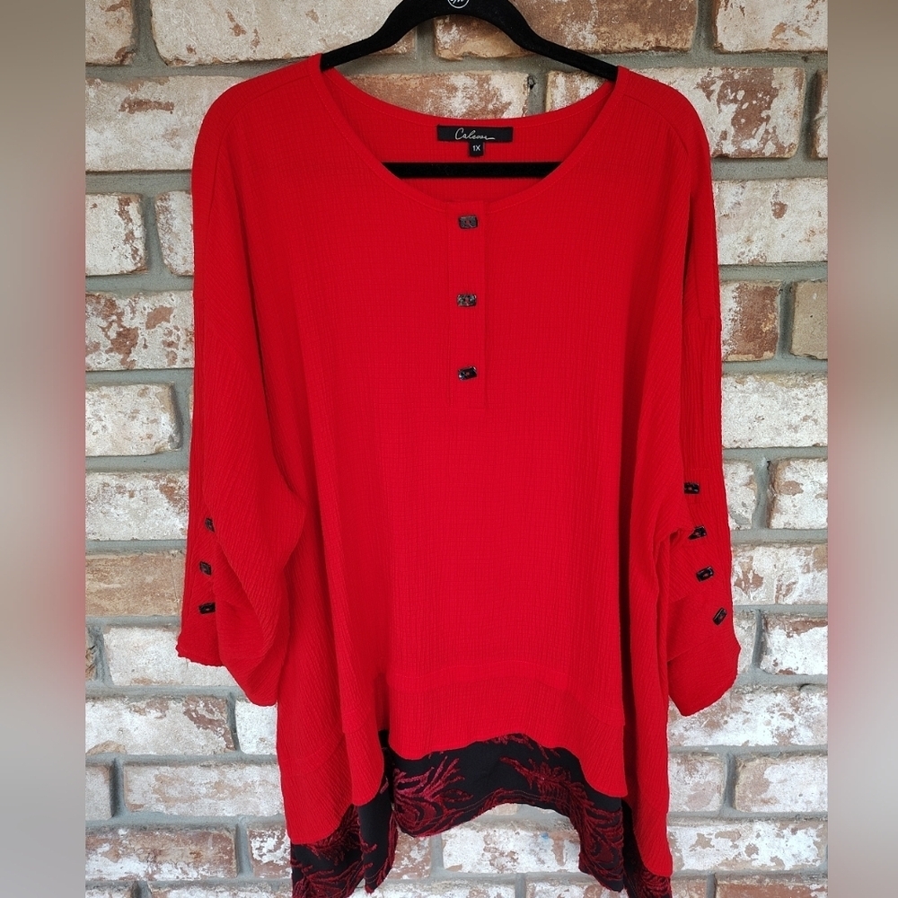 Calessa Women's Artsy Asymmetric Red Tunic Top Sz 1X Party Event Art Teacher